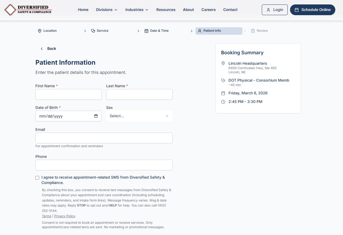 Screenshot of the SMS opt-in checkbox and disclosure text as displayed on the patient booking form at diversifiedsafety.com/scheduling